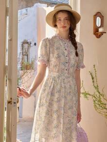 Simple Retro Đầm nữ mùa xuân/hè tay ngắn, xếp ly, phối màu tương phản, họa tiết hoa, màu trắng, lãng mạn, thanh lịch, kiểu retro, ôm sát, dài ngang gối. - Xem 1