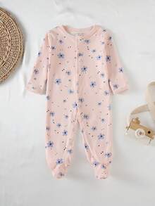 Baby Girls Indoor & Outdoor Jumpsuit, Girls' Long Sleeve Jumpsuit, Comfortable Casual Round Neck Button , Ditsy Floral, Suitable For 1-12 Months, Spring/Summer/Autumn/Winter - Baby Pink - View 9