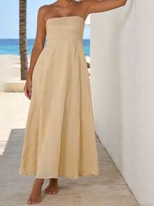 Women's Tube Top Dress Strapless Sleeveless Solid Color A-Line Long Dress Summer Party Dress - 卡其色 - 查看 5