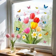 1/5 Sets Spring Vibrant Tulip & Butterfly Window Stickers, Reusable PVC Double-Sided Static Cling Window Decor Stickers, Suitable For Bedroom, Living Room, Study And Office Decor, Also Prevent Collision And Bird Strike - Multicolor - View 2