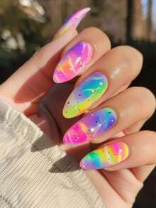 24片彩色扎染亚克力按压式美甲贴片，杏仁形，包含1片果冻胶和1个指甲锉，适合女性和女孩日常、节日和派对使用。 - 彩色 - 查看 7