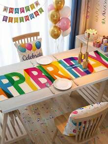 1pc Happy Birthday Table Runner - Rectangular Polyester Fabric, Birthday Tablecloth, Colorful Party Backdrop, Woven, Suitable For Indoor/Outdoor Home Party Decor