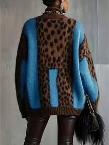 女士秋冬宽松高领豹纹毛衣，涤纶厚针织休闲时尚款 - 藍色 - 查看 3