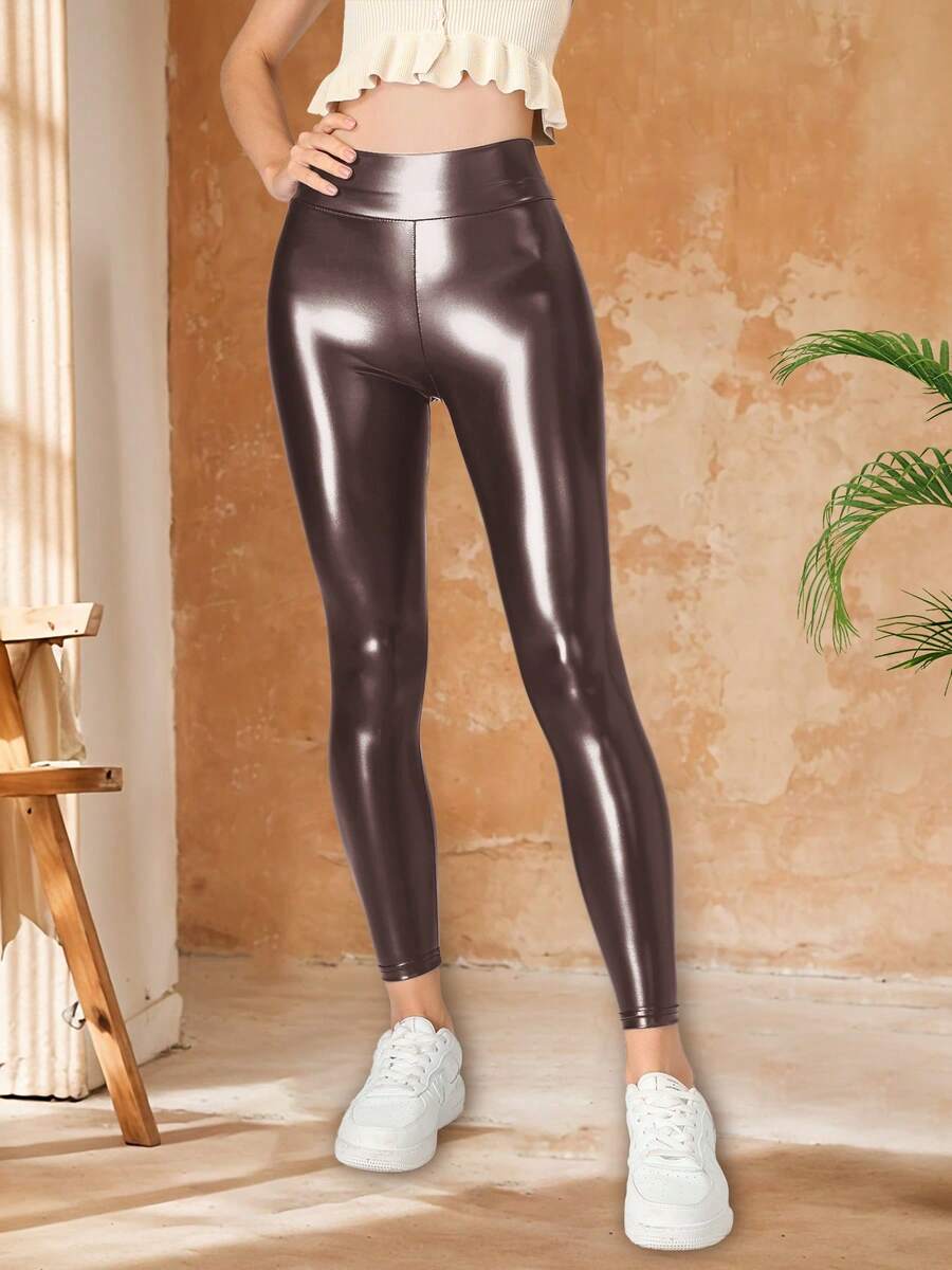 亮黑色弹力PU皮革紧身裤，修身款式，适合跑步、健身、瑜伽等运动。 - 棕色 - 查看 1