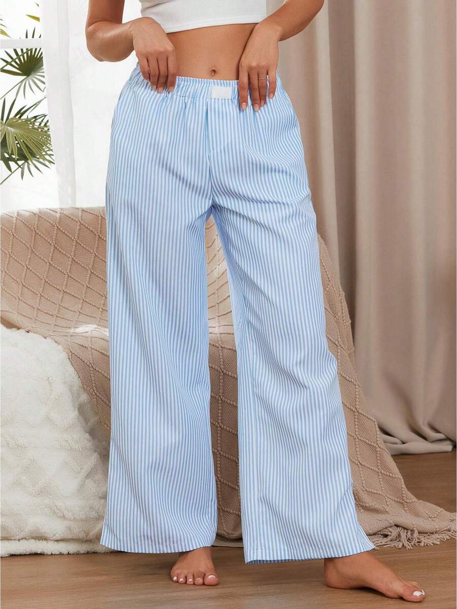 Women Wide Leg Pants Casual Loose Vertical Stripe Print Elastic Lounge Trousers With Pockets For Work Office Streetwear - 淺藍色 - 查看 1