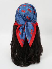 1pc Women's Cherry Print Bandana Scarf, Silky Fabric Headband, Neck Scarf, Suitable For Daily Use - Multicolor - View 1