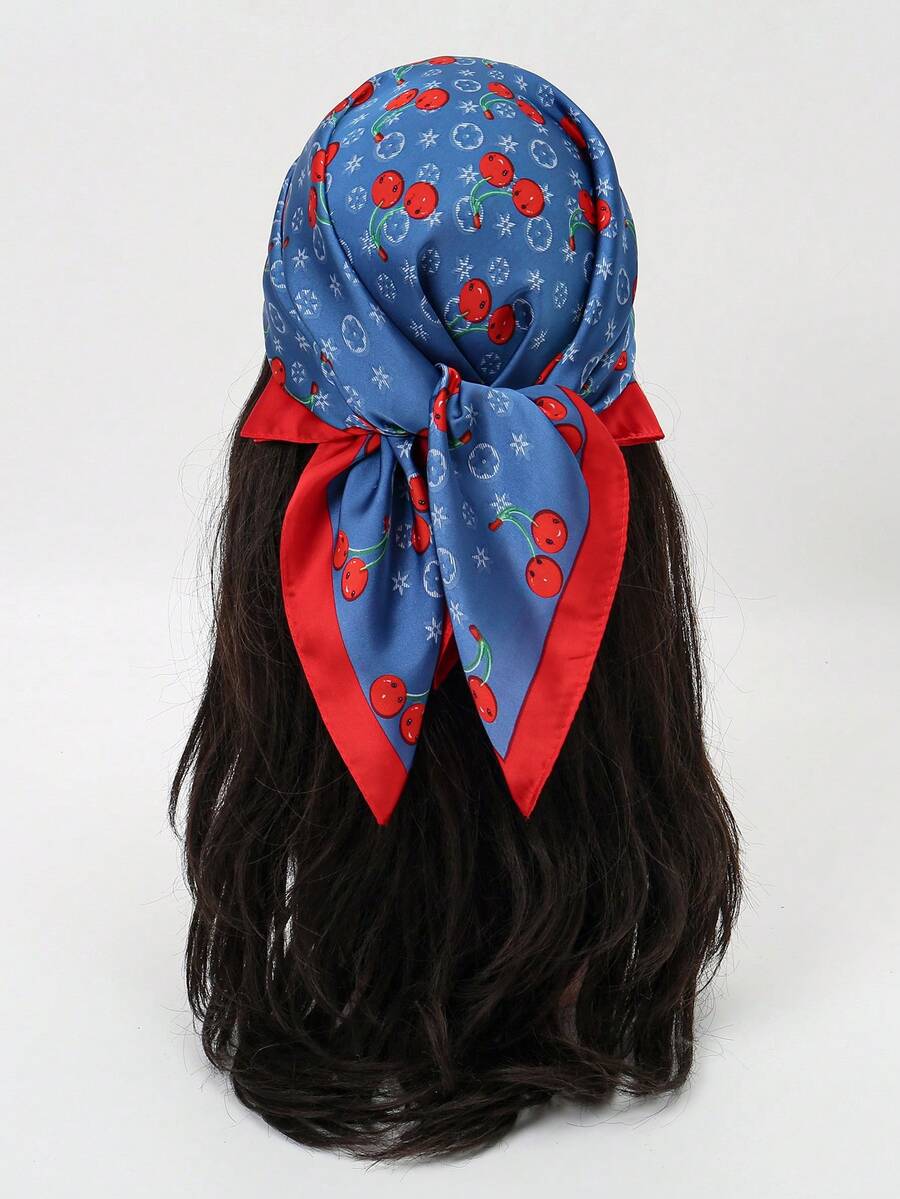 1pc Women's Cherry Print Bandana Scarf, Silky Fabric Headband, Neck Scarf, Suitable For Daily Use - Multicolor - View 1