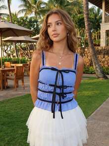 Camisola ajustada de verano para mujer, color liso, con tirantes finos, lazo en la parte delantera, fruncida, ropa de calle - Azul - Ver 9