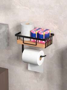 1个浴室卫生纸架，多功能木质卫生纸分配器，自粘式壁挂卷纸架，适用于浴室收纳，壁挂式卫生纸架，无需钻孔安装，卫生纸架，浴室收纳架 - 彩色 - 查看 6
