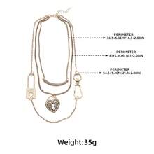 Layered Multi-Chain Heart Lock Safety Pin Necklace | Gold/Silver Tone Valentine's Day Beach Vacation Edgy Fashion Accessory - Heart Lock - View 9