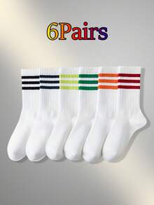 6 Pairs Colorful Vertical Striped Mid-Calf Socks, Autumn/Winter - Multicolor - View 1