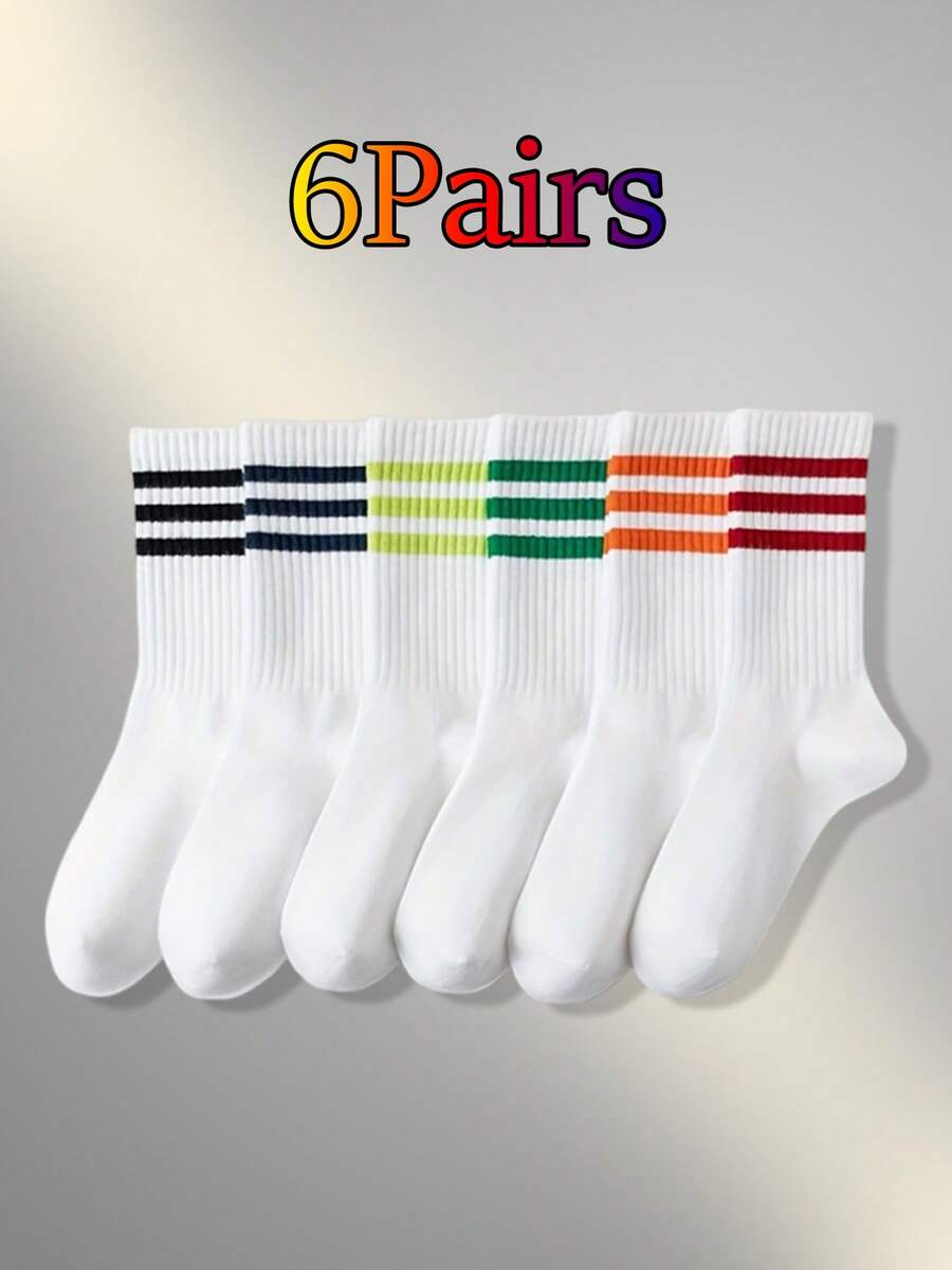 6 Pairs Colorful Vertical Striped Mid-Calf Socks, Autumn/Winter - Multicolor - View 1