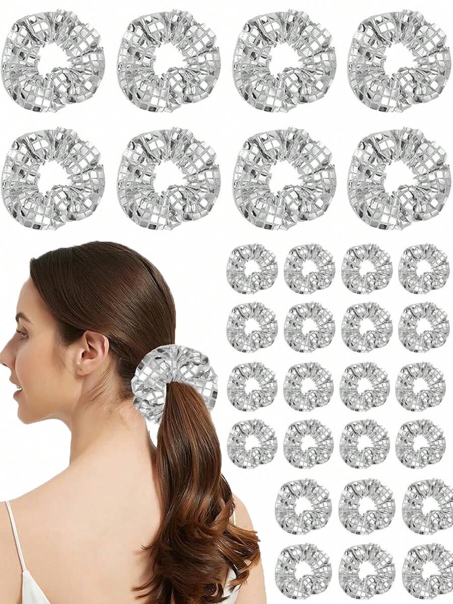 2pcs/5pcs/7pcs Shiny Metallic Sequin Disco Ball Hair Scrunchies, Shiny Silver Elastic Hair Ties Ponytail Holders, Suitable For Women Girls Retro Disco Party Gifts Hair Accessories - Multicolor - View 1