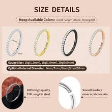 2PCS 20G 18G 16G Nose Ring Cartilage Hoop Earring Stainless Steel 4Colors Choose Hoop Earrings Hinged Summer Sparkle Septum Hoops Daith Conch Helix Tragus Piercing 6mm/7mm/8mm/9mm/10mm - Bạc - Xem 3