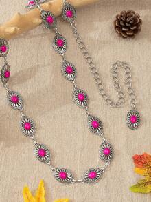 1pc Women's Vintage Bohemian Style Simple Hollow Floral Turquoise Waist Chain, Suitable For Spring, Summer, Autumn, Winter Outfits, Holidays, Daily Wear - Plum Red - View 4