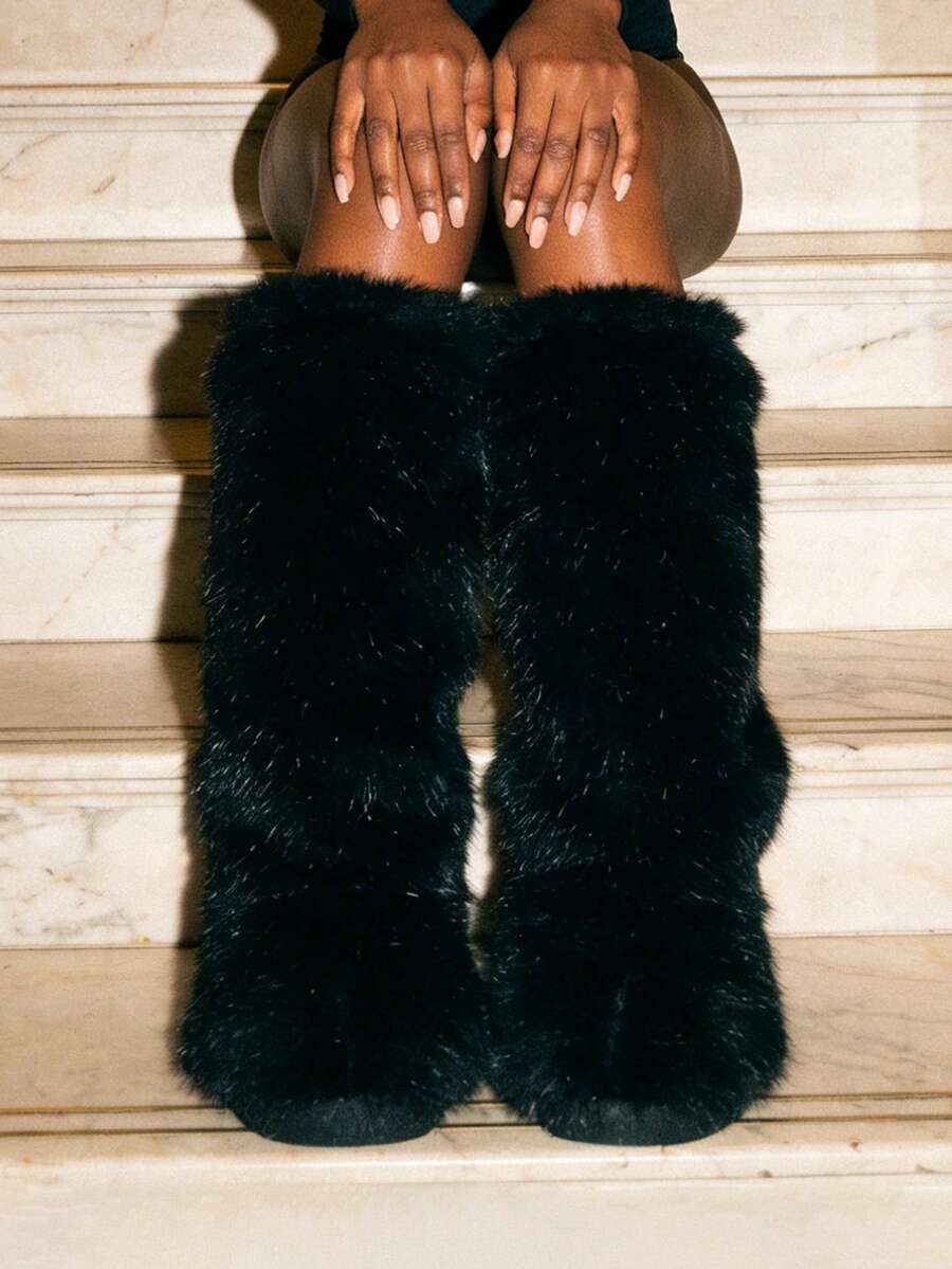 Faux Fur Knee High Boots For Women Winter Fluffy Boots Warm Furry Flat Snow Boots Halloween Costumes For Halloween - màu đen - Xem 1