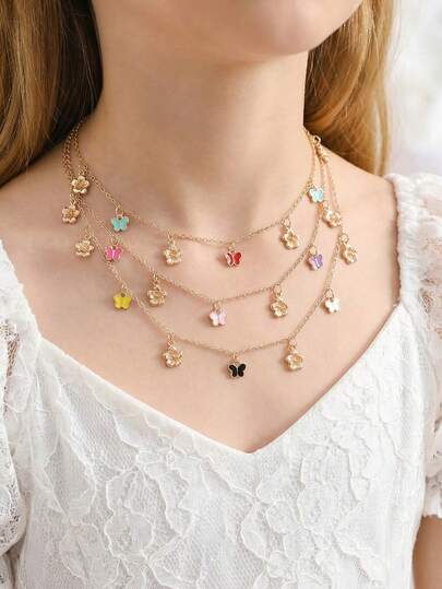 3pcs/Set Girls' Colorful Butterfly & Flower Pendant Necklace Set, Suitable For Daily Decoration