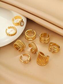 Bộ 9 chiếc nhẫn hở sang trọng bằng thép không gỉ mạ vàng, thiết kế dày dặn với đá zirconia trắng và đá pha lê đính kèm, thích hợp cho nữ giới đeo hoặc làm quà tặng. - Vàng - Xem 4