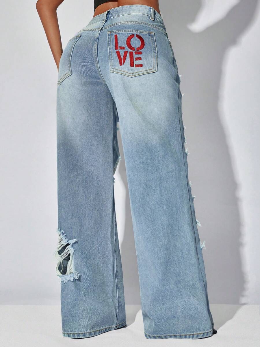 Low Waist Wide Leg Casual Blue Jeans With Slant Pockets For Women - Blue - View 1