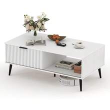 Mesa de centro con almacenamiento, mesas de centro de madera con puerta corredera y patas de madera maciza, mesa de cóctel de 2 niveles, mesa de centro moderna de mediados de siglo para sala de estar - Blanco - Ver 1