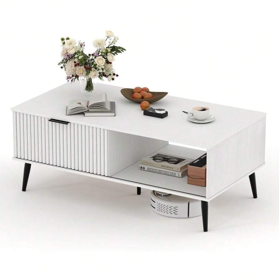 Mesa de centro con almacenamiento, mesas de centro de madera con puerta corredera y patas de madera maciza, mesa de cóctel de 2 niveles, mesa de centro moderna de mediados de siglo para sala de estar - Blanco - Ver 1