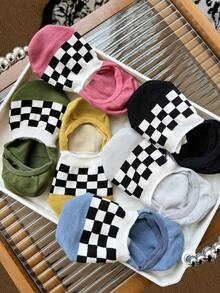 3/6双装女士船袜，经典格纹设计，春夏新品，针织面料，休闲百搭，适合日常穿着、居家、通勤、上学、约会、节日礼物 - 彩色 - 查看 6