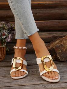 时尚轻便金属扣带凉鞋，新款百搭防滑舒适圆头女士坡跟凉鞋，沙滩度假露趾休闲拖鞋 - 白色 - 查看 6