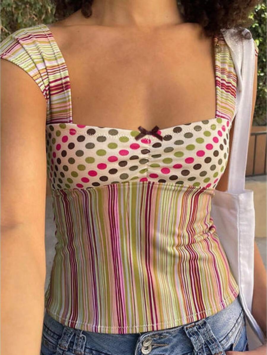 Women's Slim Fit Tank Tops Classic Plaid/Stripes Print Sleeveless Square Neck Vest Tops Summer Shirts - Nhiều màu - Xem 1