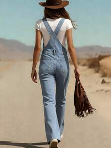 Women's Western Vintage Washed Loose Adjustable Shoulder Strap Denim Overall Workwear Pants, Washed Denim Fabric, College Style, Fashionable And Elegant Outfit, Suitable For Back-To-School, Teachers, Outings, And Travel Wear - 淺色水洗藍 - 查看 2