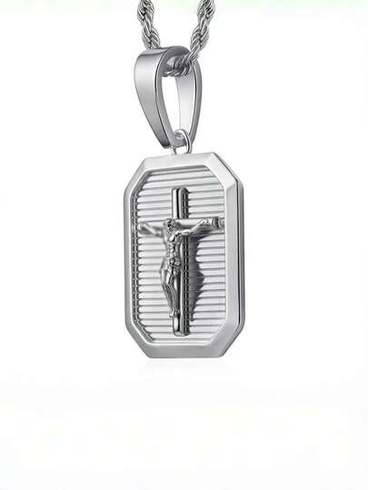 1 pieza Collar con colgante de Jesús de acero inoxidable de moda para hombres, con decoración de estatua de la crucifixión de Jesús, joyería religiosa versátil para hombres, adecuado como regalo de San Valentín para novio, uso diario, joyería unisex