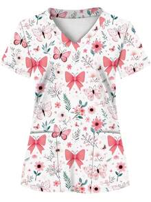 Biała bluzka chirurgiczna z nadrukiem na całej powierzchni i 2 kieszeniami, damski uniform, odzież robocza dla pielęgniarek, uniform do kliniki stomatologicznej, koszula chirurgiczna do opieki zdrowotnej, krótki rękaw dla pielęgniarek, dzianina z kieszeniami, odpowiednia na każdą porę roku i wiosnę - Wielokolorowe - Zobacz 10