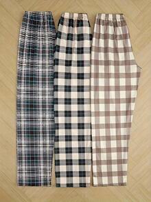 女士经典格子阔腿裤，蝴蝶结睡裤，三件套休闲家居服套装，春夏款 - 彩色 - 查看 3