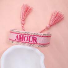1条手工刺绣法式“AMOUR”创意复古风格手链，适合情侣佩戴，节日礼物，祝福绳 - 淺粉色 - 查看 4
