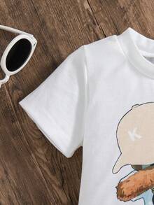 2pcs Toddler Boys Cartoon Bear Print Short Sleeve Top + Casual Cargo Pants Set - Khaki - View 9