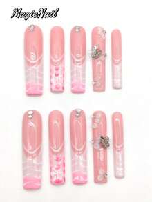 10 Pieces Of Pure Hand-Pressed Wearing Nails, 55mm Long Nails, Flesh Pink Nails, White Lines, Three-Dimensional Raised White Flowers, 3D Butterfly Accessories, Pink Gradient, White Hand-Painted Butterfly Patterns. Cute Nail Film. - Multicolor - View 1