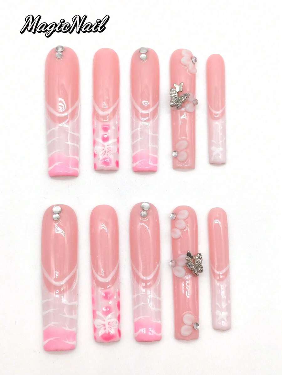 10 Pieces Of Pure Hand-Pressed Wearing Nails, 55mm Long Nails, Flesh Pink Nails, White Lines, Three-Dimensional Raised White Flowers, 3D Butterfly Accessories, Pink Gradient, White Hand-Painted Butterfly Patterns. Cute Nail Film. - Multicolor - View 1