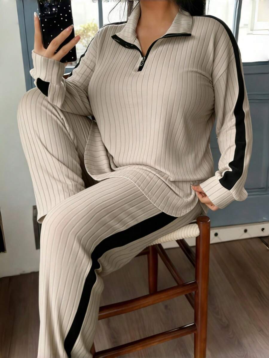 大码女式罗纹睡衣套装，长袖上衣和裤子，家居服