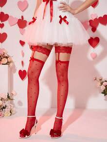 1 Pair Women's Suspender Thigh High Stockings With Heart, Bow, Lace Trim, Sexy And Non-Slip, Suitable For Women Under 132 Lbs - Multicolor - View 3