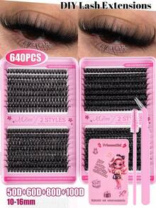 640pcs/Set Single Lash Extensions, High Capacity, 10D+20D+30D+40D+50D+60D+80D+100D Curled D-Curl, 10-16mm, DIY Lash Clusters, Natural Makeup Effect, Thick & Long, Super Soft & Lightweight, Reusable, Single Strand Segmented False Lashes, Lash Extension Kit, Suitable For Travel, Daily Wear (Beginner Friendly), Wedding, Date, Party, Holiday, Also Great As Christmas/Halloween/Gift Lash Set. - Black - View 2