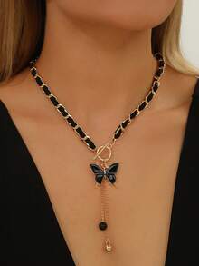 1pc Designer Fashion Butterfly Pendant Ball Tassel Braided Long Necklace, Women's Party & Daily Wear Accessory - Multicolor - View 2