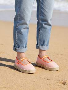 Women's Mary Jane Espadrilles Closed Square Toe Woven Platform Canvas Ballet Flats Shoes - Hồng - Xem 4