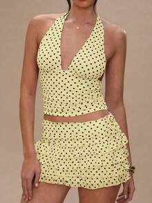 Women Polka Dot Outfits 2 Piece Skirt Sets Vintage Halter V-Neck Top And Ruffle Layered Mini Skirt Summer Y2k Outfits - Màu vàng - Xem 6