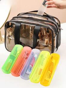 PVC Waterproof Toiletry Bag, Candy Color Toothbrush Case, Portable Transparent Toothbrush & Toothpaste Storage Box For Travel,Room Decor - Multicolor - View 10