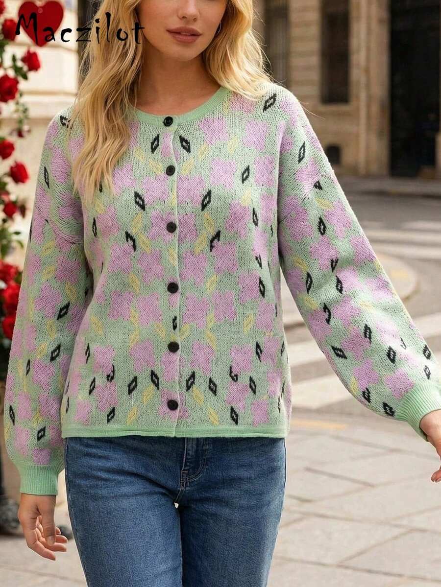 大码女式薄荷绿宽松开衫，甜美休闲单排扣针织外套 - 彩色 - 查看 1