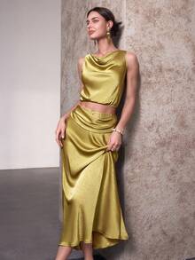 Sollinarry Women's Elegant Sleeveless Draped Top With Contrasting Lace Detail Skirt 2 Pieces Set - Turmeric - View 1