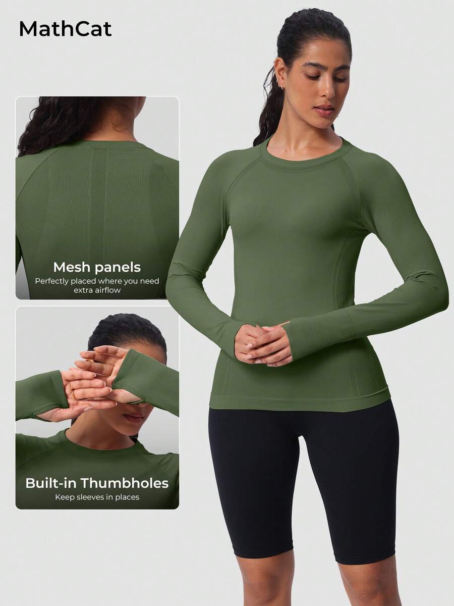 MathCat Seamless Workout Shirts For Women Long Sleeve Yoga Tops Sports Running Shirt Breathable Athletic Top Slim Fit - 軍綠色 - 查看 1