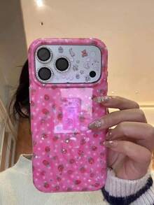韩版ins风粉色底星草莓图案手机壳，兼容苹果16/17 Pro Max/15 Pro，女士全包防摔保护壳，兼容 14/13 - 粉色 - 查看 1
