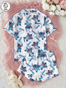 Disney 少女史迪奇系列卡通印花两件套睡衣，可爱休闲百搭短袖弹力腰短裤套装，丝滑柔软透气面料，适合四季居家穿着。 - 白色 - 查看 2