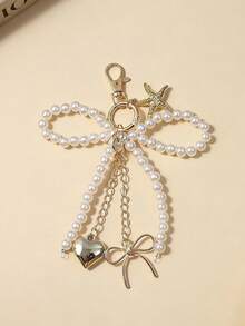 男女皆宜的可爱串珠蝴蝶结吊坠，时尚大号心形包包挂饰，银色心形旋转钩设计，弹簧扣，海星、蝴蝶结和心形元素手机挂饰钥匙扣，海星手机挂饰钥匙扣，优雅女士配饰，包包挂饰，派对和节日礼物，送给女大学生和女教师的礼物，送给家人和朋友的独特礼物 - 金色 - 查看 3