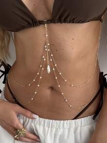 1件多层巴洛克不规则珍珠吊坠流苏身体链，性感比基尼链，多功能胸链/身体饰品，女士休闲日常假日身体饰品 - 彩色 - 查看 3